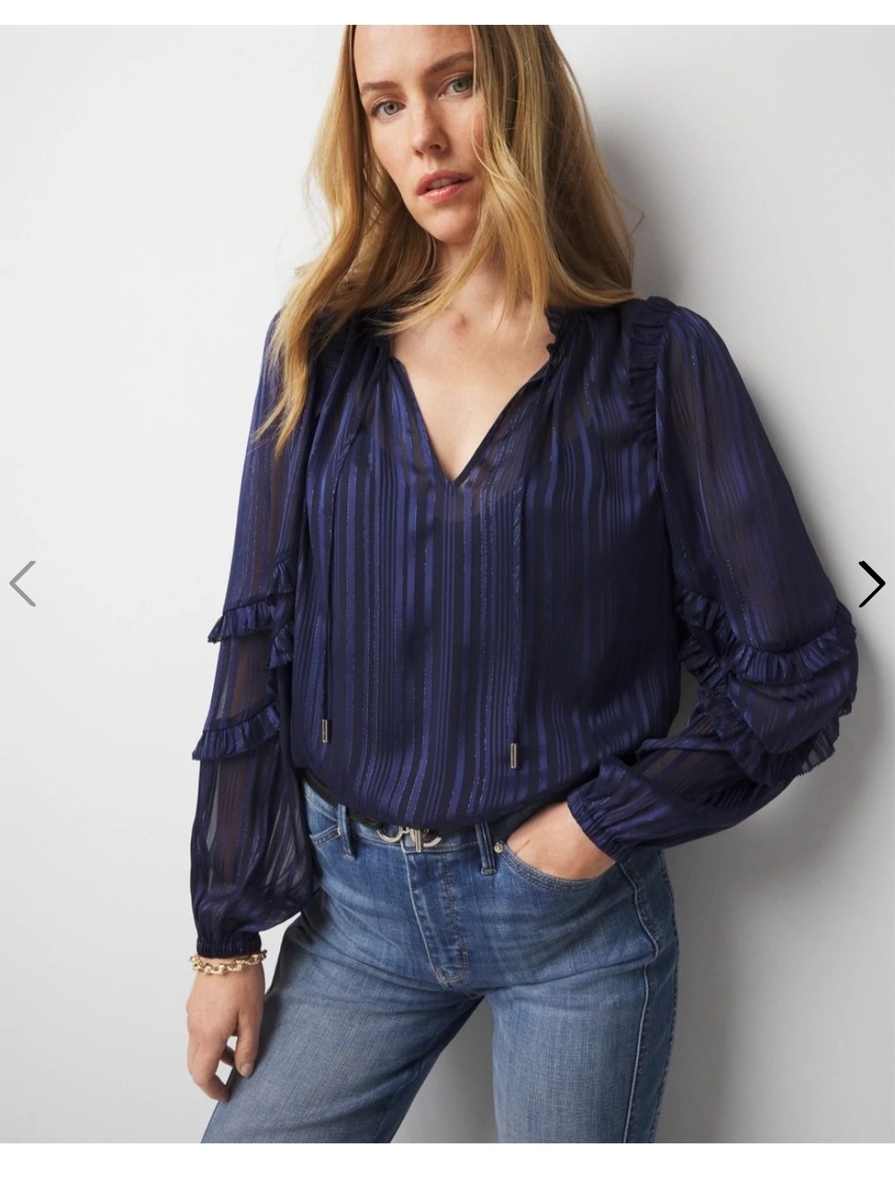 XL WHBM Sheer Navy V-Neck Ruffle Sleeve Blouse With Lining Camisole
